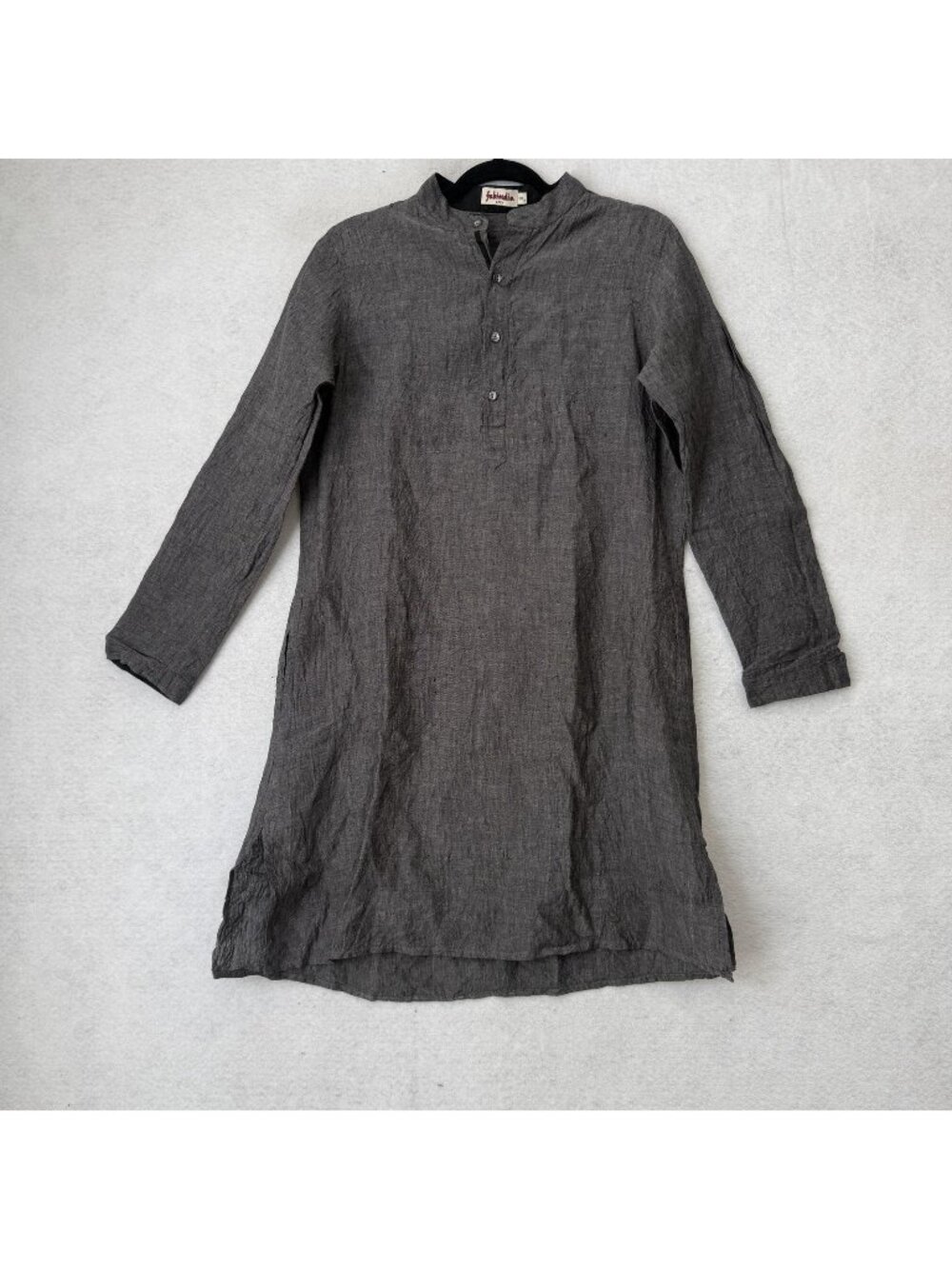 Fabindia Dress Womens 38 Gray Linen Henley Long Sleeve Shirt Tunic Shift